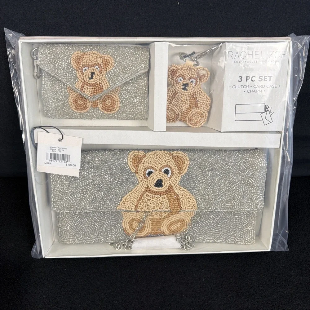 Rachel Zoe Silver Beaded Bear Clutch Shoulder Strap Card Case Bag Charm